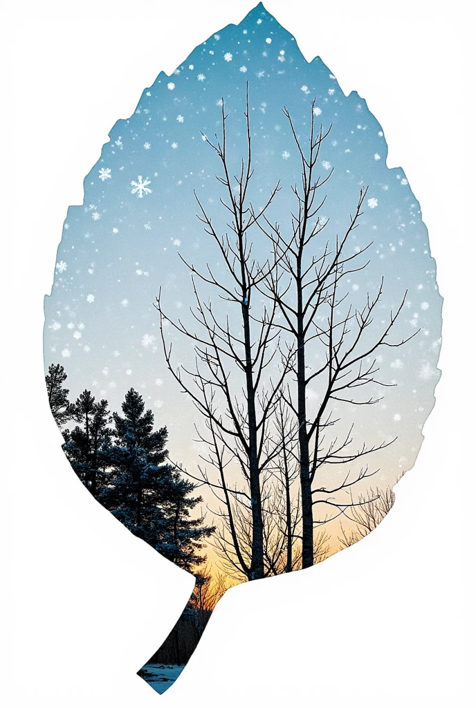 high quality, 8K Ultra HD, A beautiful double exposure that combines an goddess silhouette, there's a serene winter scene depicted. This scene features a group of barren trees standing tall against a gradient blue sky there's a serene with sunset too, sunset should serve as the underlying backdrop, transitioning from a deep blue at the top to a lighter shade at the horizon. Snowflakes are scattered throughout the sky, giving the impression of a light snowfall. The leaf itself is cut out, with its details incorporated into the goddess , crisp lines, The background revealing a white paper beneath it. is monochrome, sharp focus, double exposure, by yukisakura, awesome full color, 