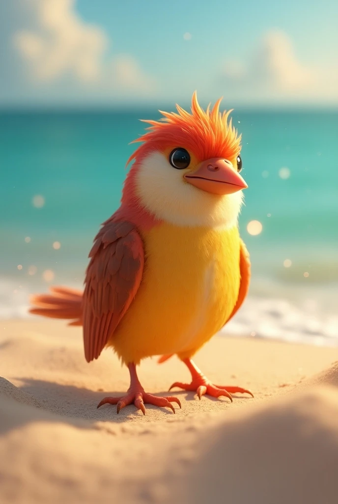 male, bird, Torchic, background, (cinematic lighting:1.1), (perfect focus:1.1), 8k hd, (detailed eyes:1.2),depth of field, bokeh, subsurface scattering, perfect breasts, wide ,((large shirt with a letter written "LWH" )),bright colors, (furry detail:1.3),detailed background, realistic, photorealistic, ultra realistic,(on a beach with a lot of vegetation on an island ),realistic, photorealistic ,smile,(fluffy:1.3), furry, buff, (realistic fur:1.1), (extreme fur detail:1.2),((light orange fur)),(Black pupil, brown eyes,pixar style eyes),Torchic tail,almost humanoid body.