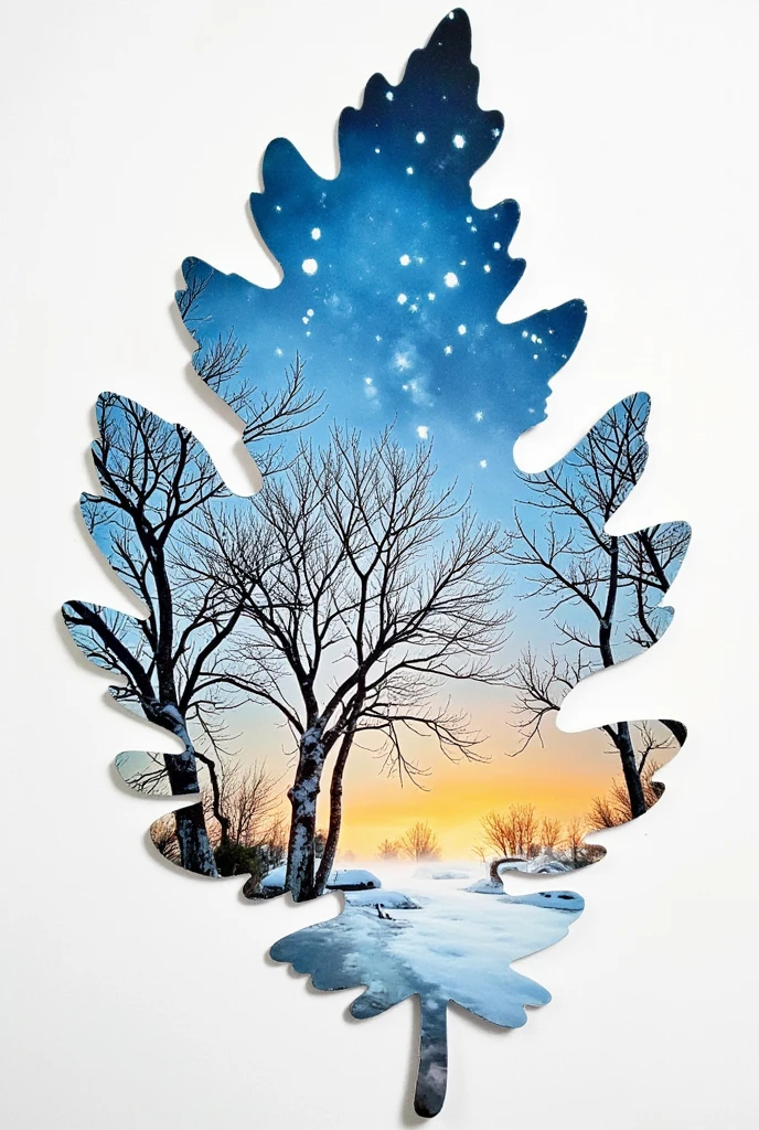 high quality, 8K Ultra HD, A beautiful double exposure that combines an goddess silhouette, there's a serene winter scene depicted. This scene features a group of barren trees standing tall against a gradient blue sky there's a serene with sunset too, sunset should serve as the underlying backdrop, transitioning from a deep blue at the top to a lighter shade at the horizon. Snowflakes are scattered throughout the sky, giving the impression of a light snowfall. The leaf itself is cut out, with its details incorporated into the goddess , crisp lines, The background revealing a white paper beneath it. is monochrome, sharp focus, double exposure, by yukisakura, awesome full color, 