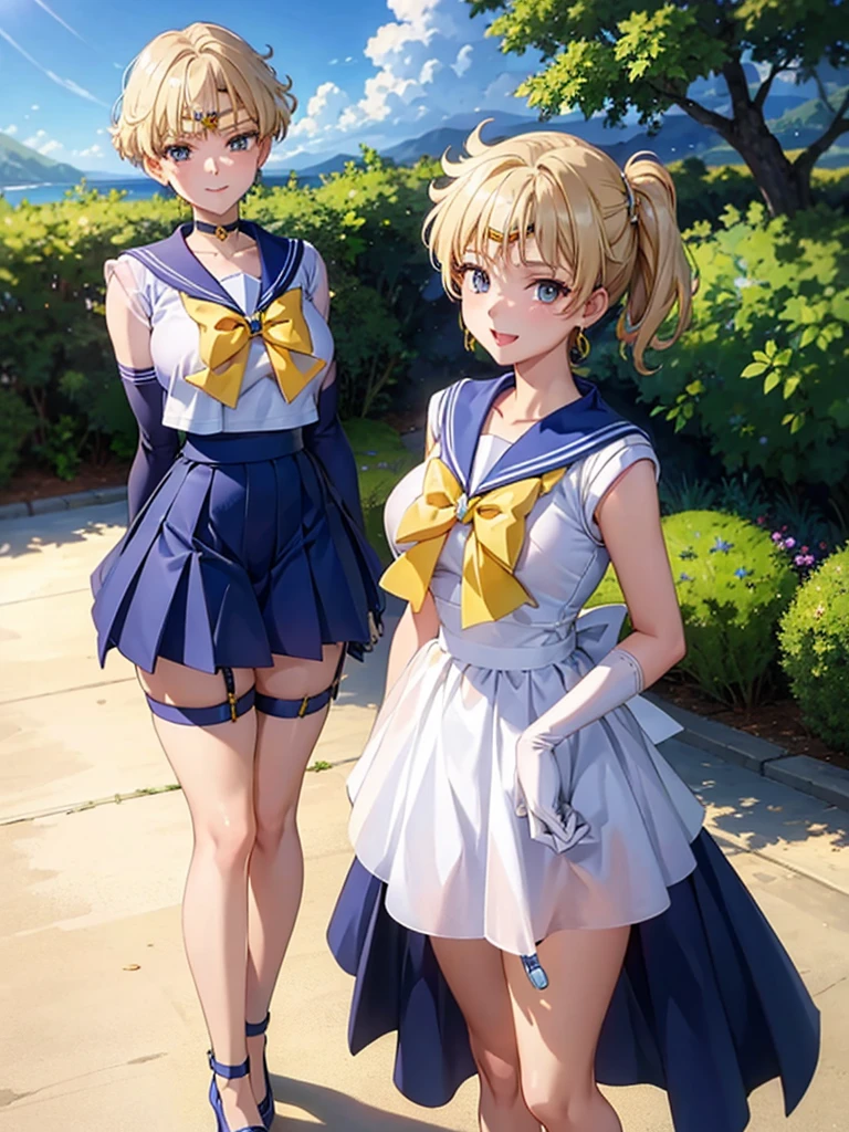 (masterpiece), highest quality, expressive eyes, perfect face, open your mouth, cum on tongue, cum in mouth, tongue, tongue out, short hair, blush, smile, Ahegao, medium breasts, short hair, Sailor Moon Uranus, blonde, blush, Sweat