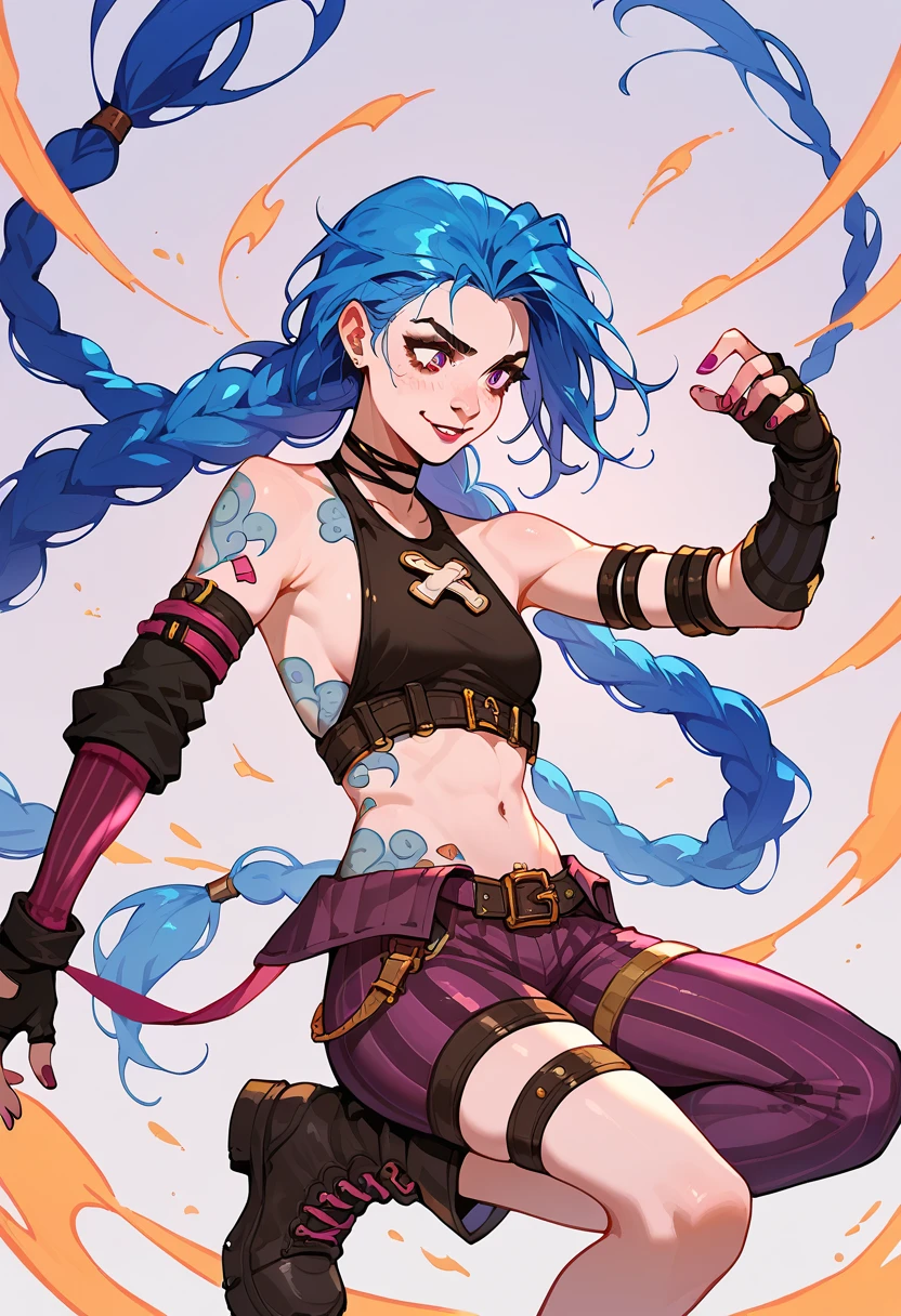 1girl, long hair, twin braids, bare shoulders, choker, crop top, fingerless gloves, detached sleeves, single sleeve, midriff, belt, nail polish, tattoo, bandaid on leg, pants, boots, striped