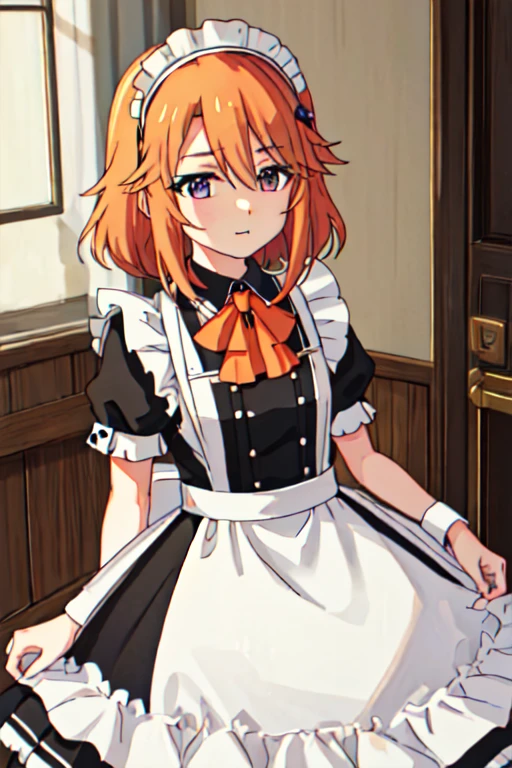 Best Quality, masterpiece,  Hi-Res, Alone, {Maid:1.40}, {length Maid dress:1.15}, {Yuki__theidolmastercinderellagirlsu149:1.15},  orange_hair,  purple _eye, length_hair, 前hair,  upper _body, blonde_hair, hair_between_eye