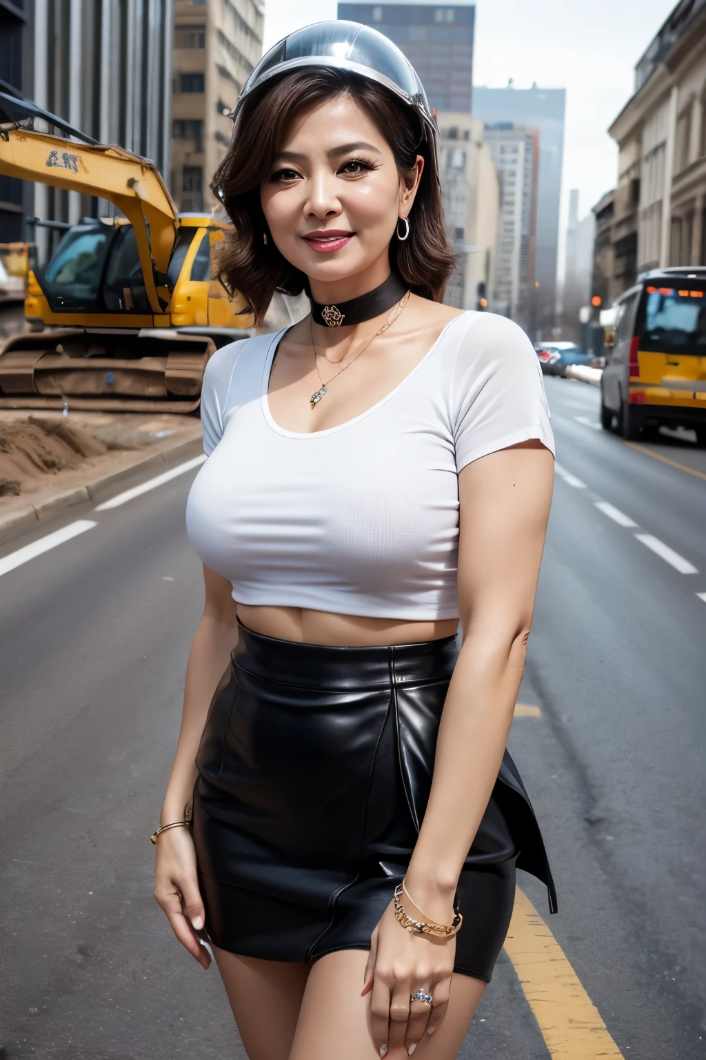 masterpiece, best quality, 16K, city, old woman, glad, smiling, standing, looking at viewer, front view, short hair, wave hair, black hair, eyes open, (large breasts:1.28), (wrinkles corners eyes:1.38), (nasolabial:1.38), (old skin:1.38), wrinkles skin, freckled skin, pale skin, (old muscles:1.2), slender, (blue leather jacket), (white t-shirt,), (black mini skirt), (piercing), (necklace), (lblack ong boots), freckles, old, middle-aged, japanese, outside, in the city, at night, nsfw, full body shot, from behind