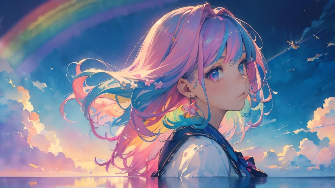 (masterpiece, Best Quality, Best Quality,watercolor ( medium), OFFICIAL ART,  beautiful and aesthetic with the highest detail:1.2),( 1 girl:1.3), ( Fractal Art:1.3), upper body, from side,  watching viewers,patterns,(Rainbow Hair, colorful  hair,Half blue and half pink hair:1.2),water,liquid, cloud, colorful , star空の,star,