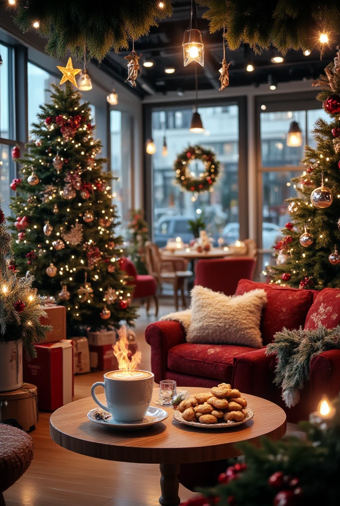 300 DPI, wide panoramic image, large office space, IT company, extremely festively decorated with many different details, cozy sitting area with table, table with steaming coffee cup, plate with Christmas cookies, warm light, realistic details, inviting Christmas atmosphere