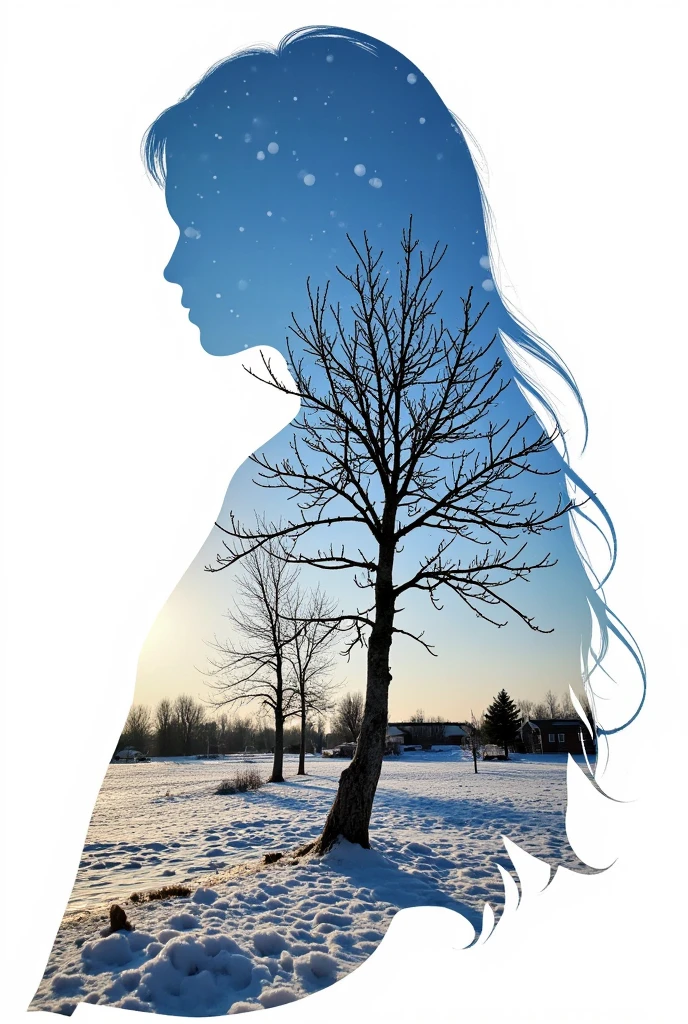 high quality, 8K Ultra HD, A beautiful double exposure that combines an goddess silhouette, there's a serene winter scene depicted. This scene features a group of barren trees standing tall against a gradient blue sky there's a serene with sunset too, sunset should serve as the underlying backdrop, transitioning from a deep blue at the top to a lighter shade at the horizon. Snowflakes are scattered throughout the sky, giving the impression of a light snowfall. The leaf itself is cut out, with its details incorporated into the goddess , crisp lines, The background revealing a white paper beneath it. is monochrome, sharp focus, double exposure, by yukisakura, awesome full color, 