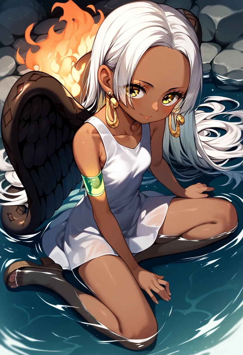 UHD, retina, textured skin, high details, high quality, best quality,  highres icon, 1080P, HD, 16k、1 Girl,Earthsnake , Long Hair, white hair, Brown Skin、,  earrings for a woman alone, Yellow Eyes, symbol-shaped pupils,  black wings  ,  small breasts.  sundress,  white dress,  sleeveless, armlet、 cute、Flames on the back、flat chest、full body、Seductive pose、hot spring