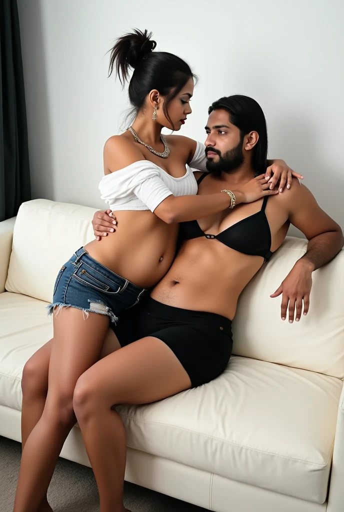 Man and woman embraced, romantic pose. they are both 30 years old, Mulher loira, has very long wavy hair, Lindos olhos verdes realistas, Pele branca europeia , bochechas rosadas, boca levemente rosa, Rosto lindo, voluptuous curvy body, seios enormes, bunda empinada, detailed hands. Homem latino, tem cabelo preto liso undercut, rosto lindo perfeito, rosto delicado, Symmetrical face, ele tem olhos castanho claros, barba feita. Both staring at the camera. Very high quality photography, 8k, tirada de uma Canon EOS R6.