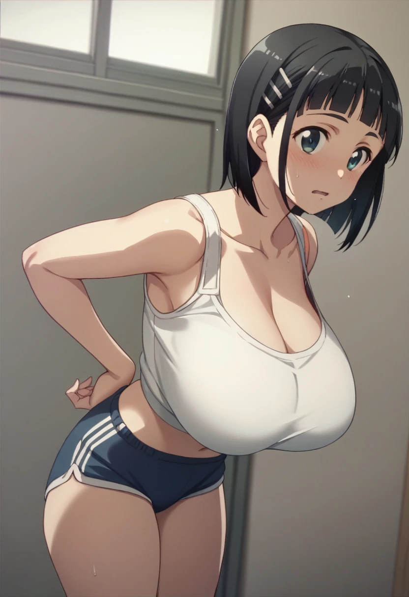 Best Quality、masterpiece、 girl１people、 short hair、Black Hair、 huge breasts、Re-suguha 、Kirihara Naoha 、 perfect body、Gym clothes、Bloomers、White Bra、