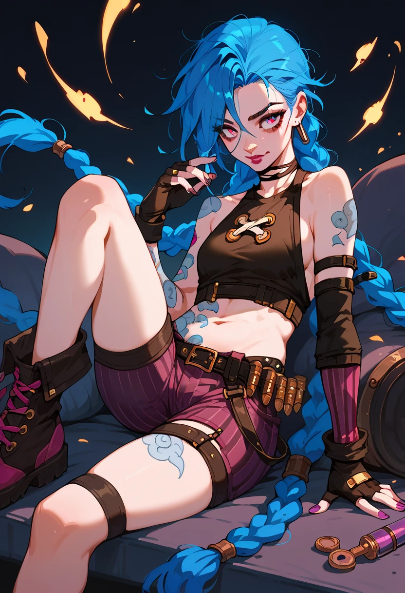 1girl, long hair, twin braids, bare shoulders, choker, crop top, fingerless gloves, detached sleeves, single sleeve, midriff, belt, nail polish, tattoo, bandaid on leg, pants, boots, striped