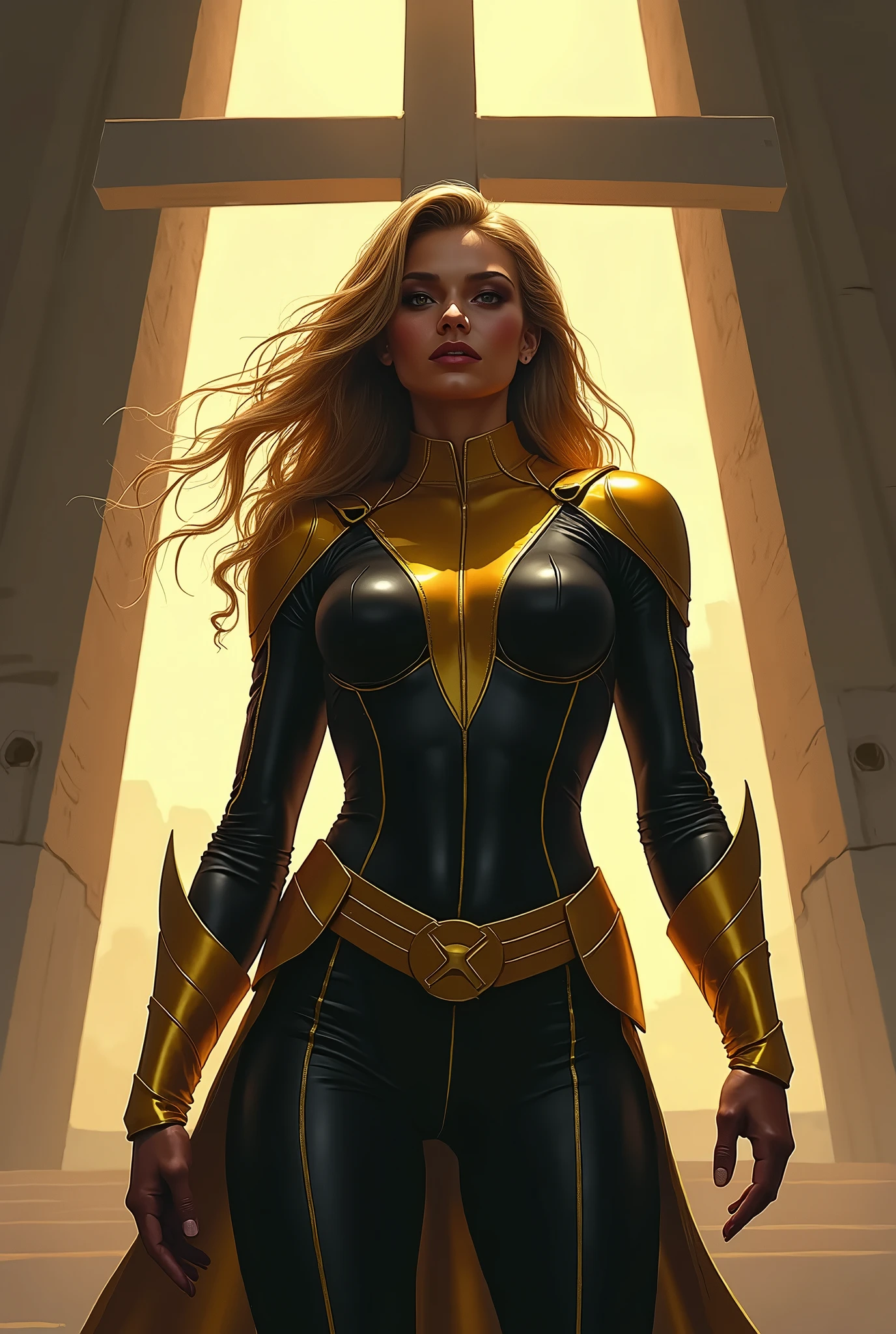 cat themed superheroine has long light brown hair, amber eyes, and wears fishnets, gold and brown outfit full body portrait photography by artgerm, in the style of realism, glistening skin, , natural lighting, Defined full lips. Muscular fitness feminine body