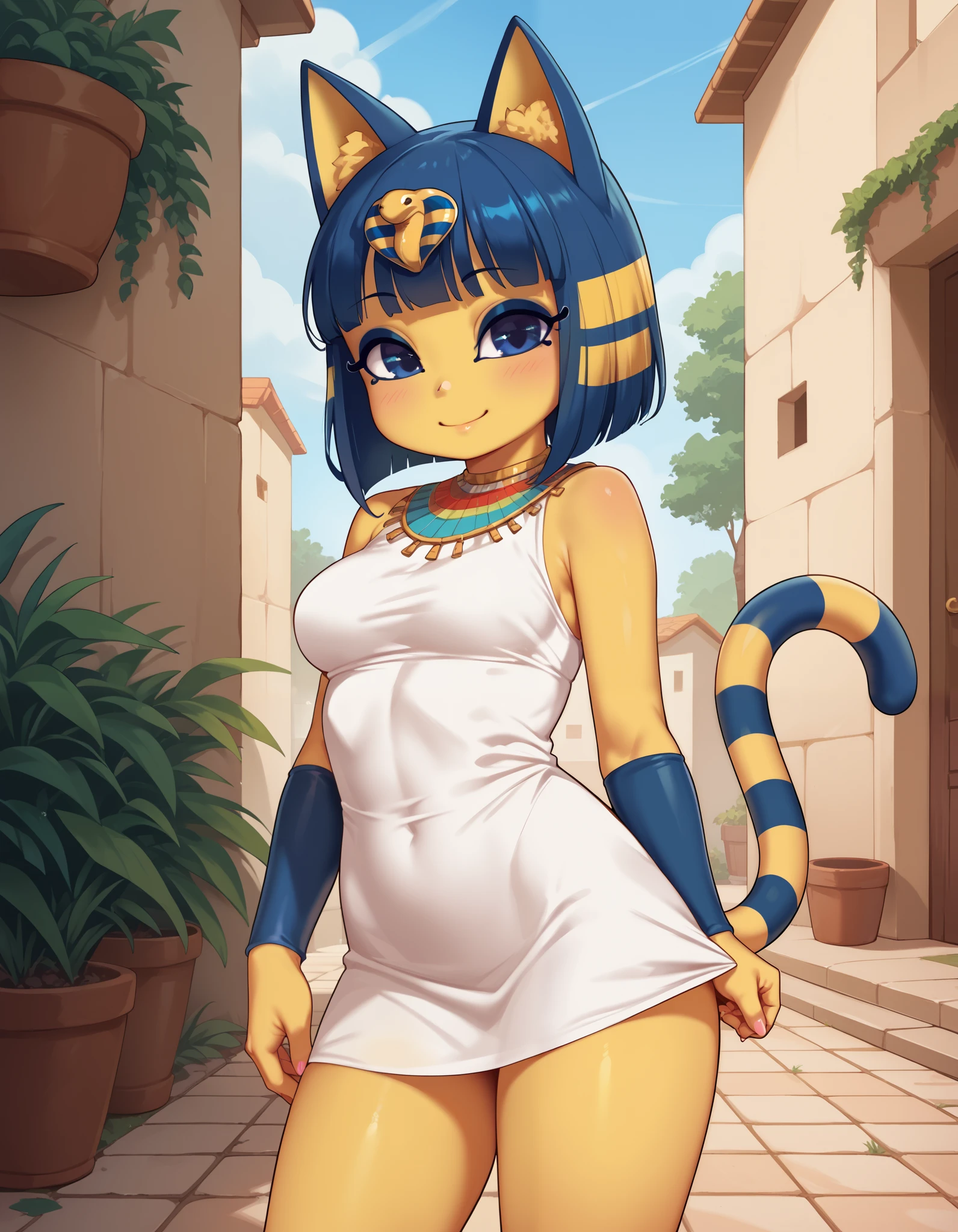 score_9, score_8_up, score_7_up, source_anime, rating_safe, best quality, masterpiece,  
BREAK
ankha (animal crossing), 1girl, ;3, animal ears, standing, looking at viewer, blue eyes, blue hair, cat ears, cat tail, closed mouth, colored skin, female focus, looking at viewer, outdoors, short hair, medium breasts, smile, solo, standing, tail, thighs, yellow skin, white dress, female focus, outdoors
