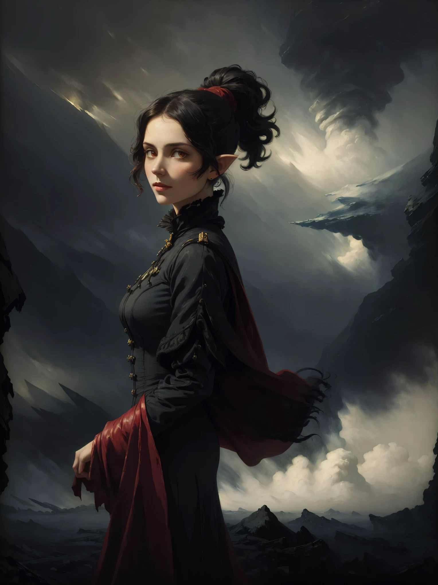 portrait of a woman, oil, painting, single, Victorian era, (by Peder Balke:1.3), (masterpiece, best quality:1.3), (highly detailed:1.5), UHD, 8K, beautiful, (red eyes), pointy ears, long hair, ponytail, (black dress, red cloak), outdoor background, mysterious theme, (wind, mist), (dark theme), (amazing background)