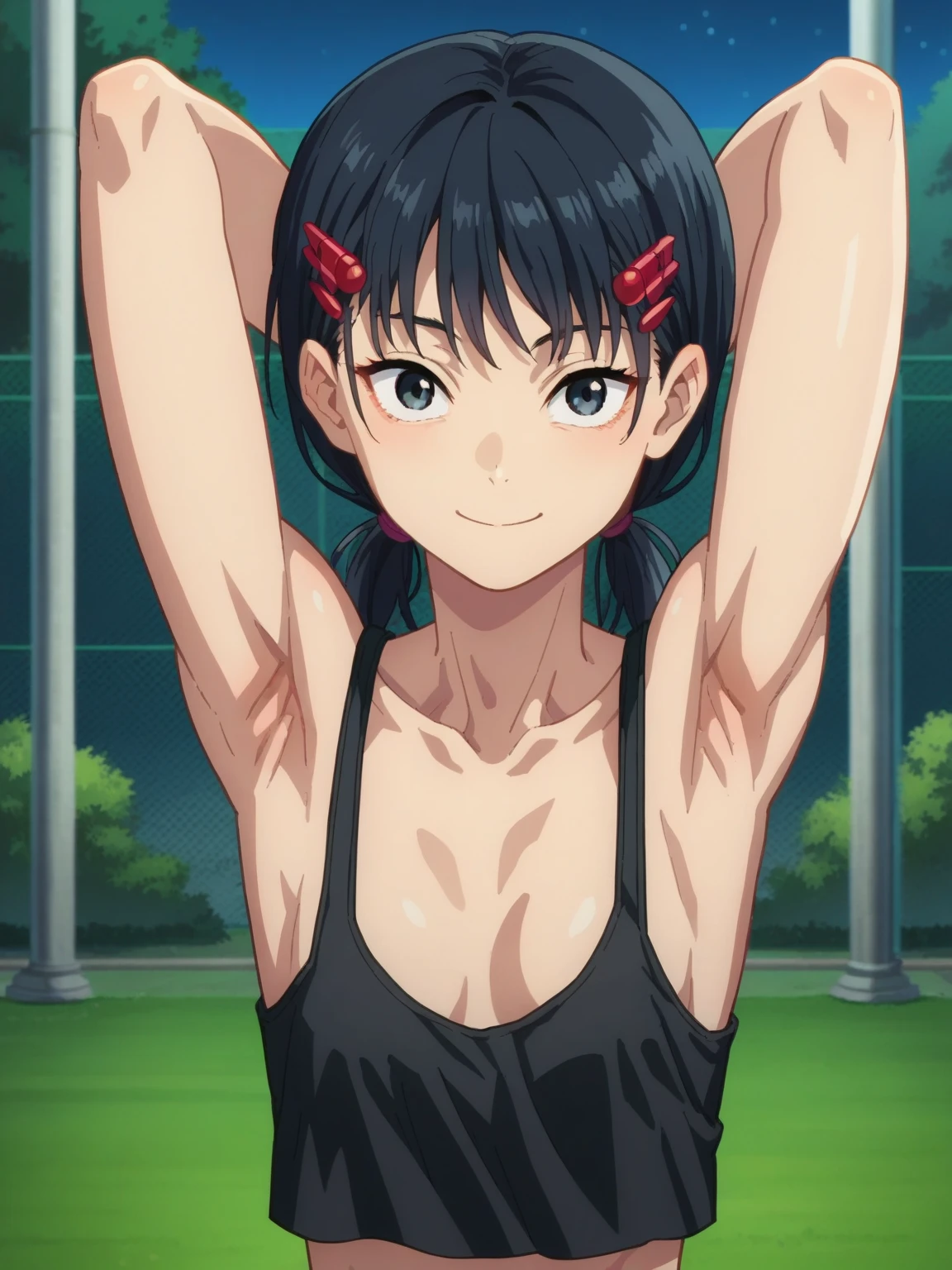 score_9, score_8_up, score_7_up, source_anime, anime screencap, 1girl, solo, outdoors, park, night, kobeni, black eyes, long hair, low ponytails, black hair, tank top, black tank top, moles, red hairpin,bare shoulders, bare arms, looking at viewer, eye contact with viewer, facing viewer, smile, closed mouth, arms behind head, armpits, in the center, symmetrical, small breasts, collarbone 