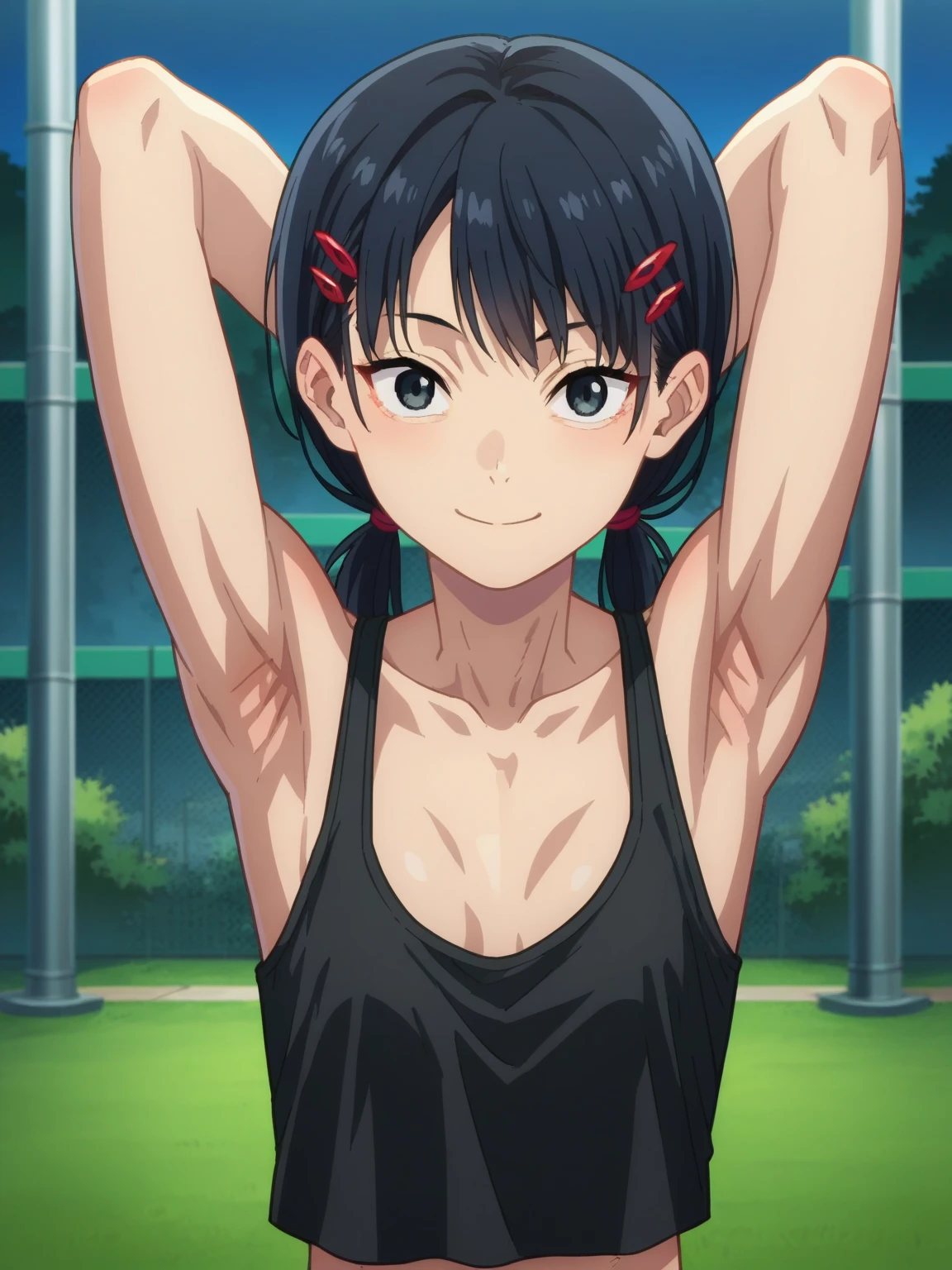 score_9, score_8_up, score_7_up, source_anime, anime screencap, 1girl, solo, outdoors, park, night, kobeni, black eyes, long hair, low ponytails, black hair, tank top, black tank top, moles, red hairpin,bare shoulders, bare arms, looking at viewer, eye contact with viewer, facing viewer, smile, closed mouth, arms behind head, armpits, in the center, symmetrical, small breasts, collarbone 