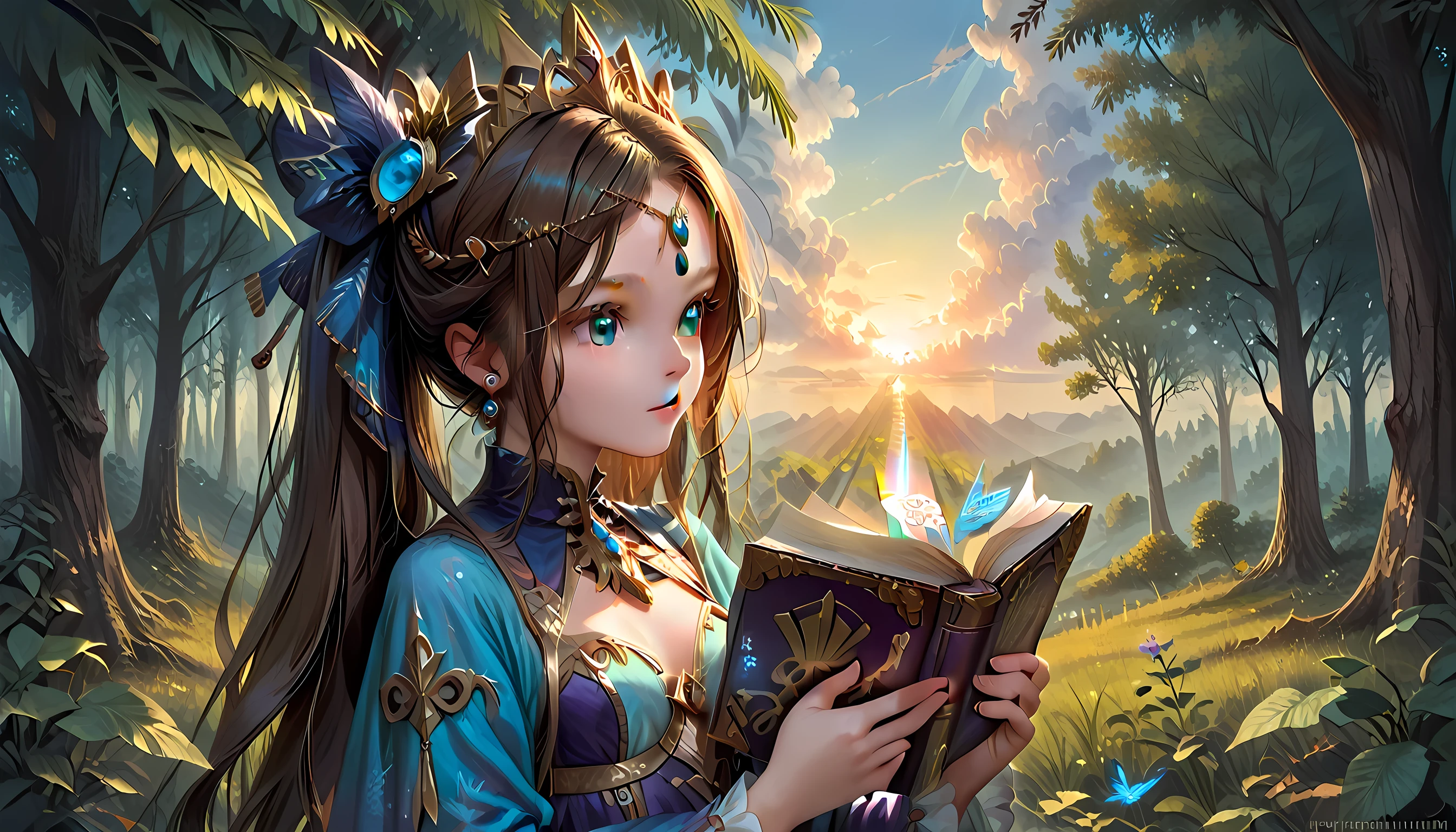 score_9, score_8_up, score_7, a picture of a beautiful woman reading a book in forest, it is sunset, the last rays of the day, some clouds in the sky, a sense of calm and serenity, dynamic clothes, dynamic hair style, dynamic clothes,  ultra best realistic, best details, best quality, 16k, [ultra detailed], masterpiece, best quality, (extremely detailed), ultra wide shot, photorealism, depth of field, hyper realistic