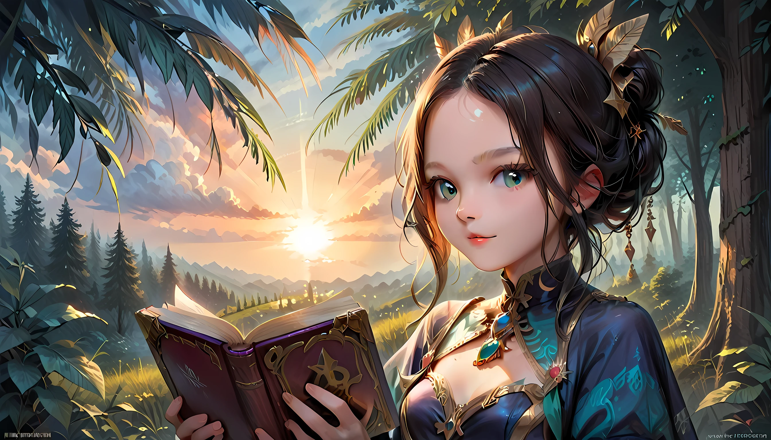 score_9, score_8_up, score_7, a picture of a beautiful woman reading a book in forest, it is sunset, the last rays of the day, some clouds in the sky, a sense of calm and serenity, dynamic clothes, dynamic hair style, dynamic clothes,  ultra best realistic, best details, best quality, 16k, [ultra detailed], masterpiece, best quality, (extremely detailed), ultra wide shot, photorealism, depth of field, hyper realistic