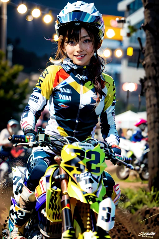 Yamaha WR250, motocross race, cute female racer, brown skin, abs , night riding,