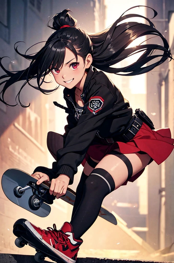 the girl is on a skateboard with her hair in a ponytail, 1girl, solo, thighhighs, long hair, boots, red eyes, smile, full body, belt, black jacket, skirt, jacket, off shoulder, looking at viewer