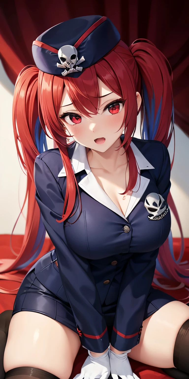 1 Female,High definition,high resolution,Ultra-realistic,8K, 1girl, solo, red hair, red eyes, twintails, employee uniform, pencil skirt, skull print, navy cap, fang, black legwear, white gloves, large breasts,European,sexy,Upper body close-up,Photographed from the front,Dynamic Angles,(blush), (medium ) , multicolored hair , sitting, spread legs 