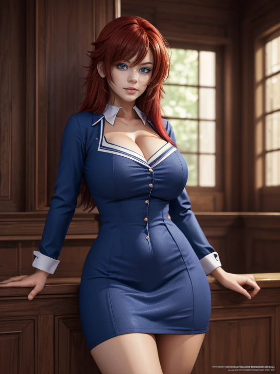 Rias, masterpiece,  highly detailed CG uniform 8K background pictures, (HQ Skin:1.2),8K UHD, dslr,  high quality, ((a woman in a high-cut dress )),  red hair,  very long hair ,  blue eyes,  beautiful and detailed eyes , beautiful skin, attractive ,  big breasts ,  ultra high resolution , High-Definition,