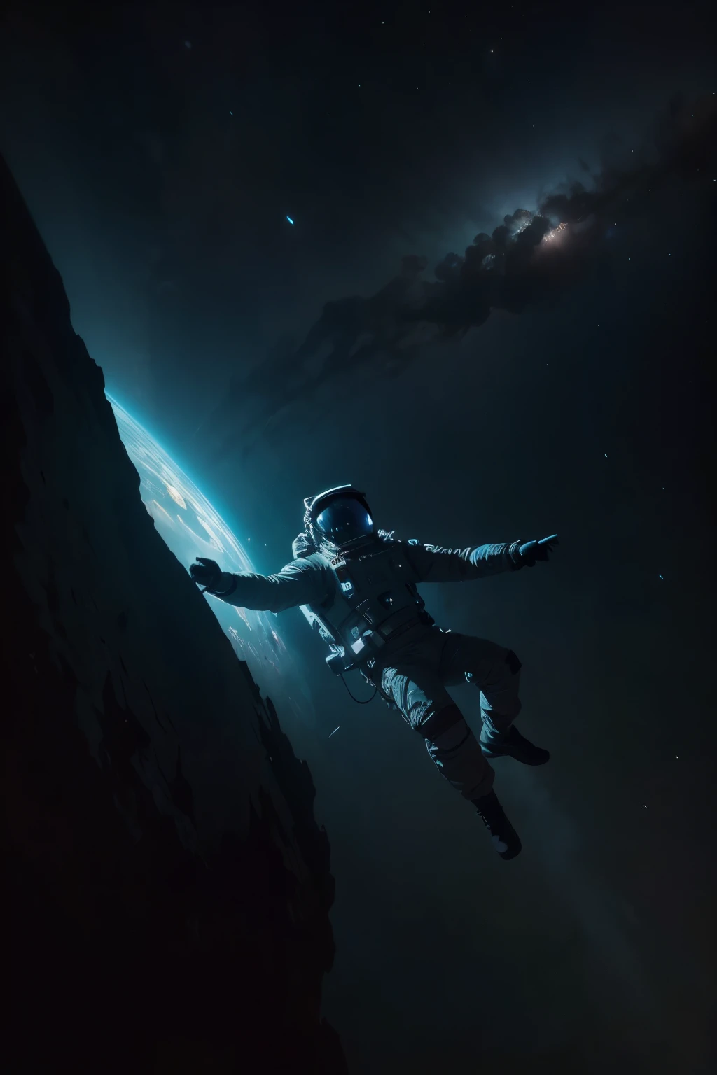 A detailed astronaut floating in a high-tech space station, gorgeous nebula clouds in the background, dramatic lighting, cinematic composition, digital art, concept art style, hyperrealistic, 8k, volumetric lighting, dramatic chiaroscuro, saturated colors, glowing highlights