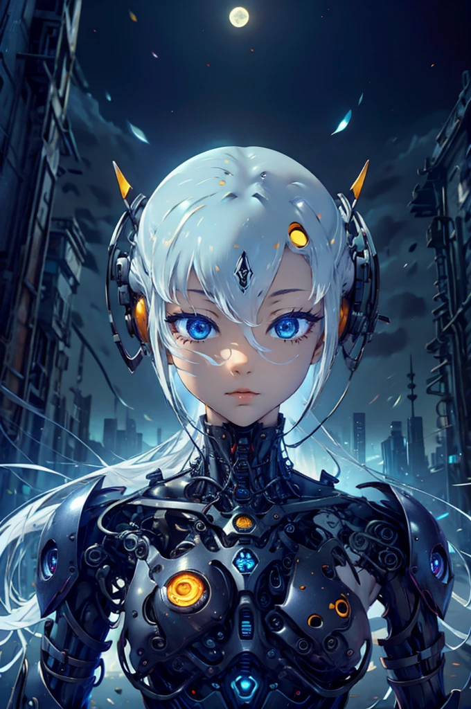 CG Mecha、beautiful eyes、Upper body、woman、（（whole body image））、Portrait、robot、white orange armor、neon、8K、born、Highest image quality、muste piece、ultra high resolution、colorful、(Medium-wide)、(Dynamic Perspective)、sharp focus、(Depth of bounds written)、highly detailed eyes and face、beautiful detailed eyes、Black gold、trimming gear:1.2)、((muste piece、Highest image quality))、detailed background、Inside the spacecraft、gray hair、Luminescent、full moon、gtx4090、stand up、matrix、,Crescent Moon、abyss、perfect form