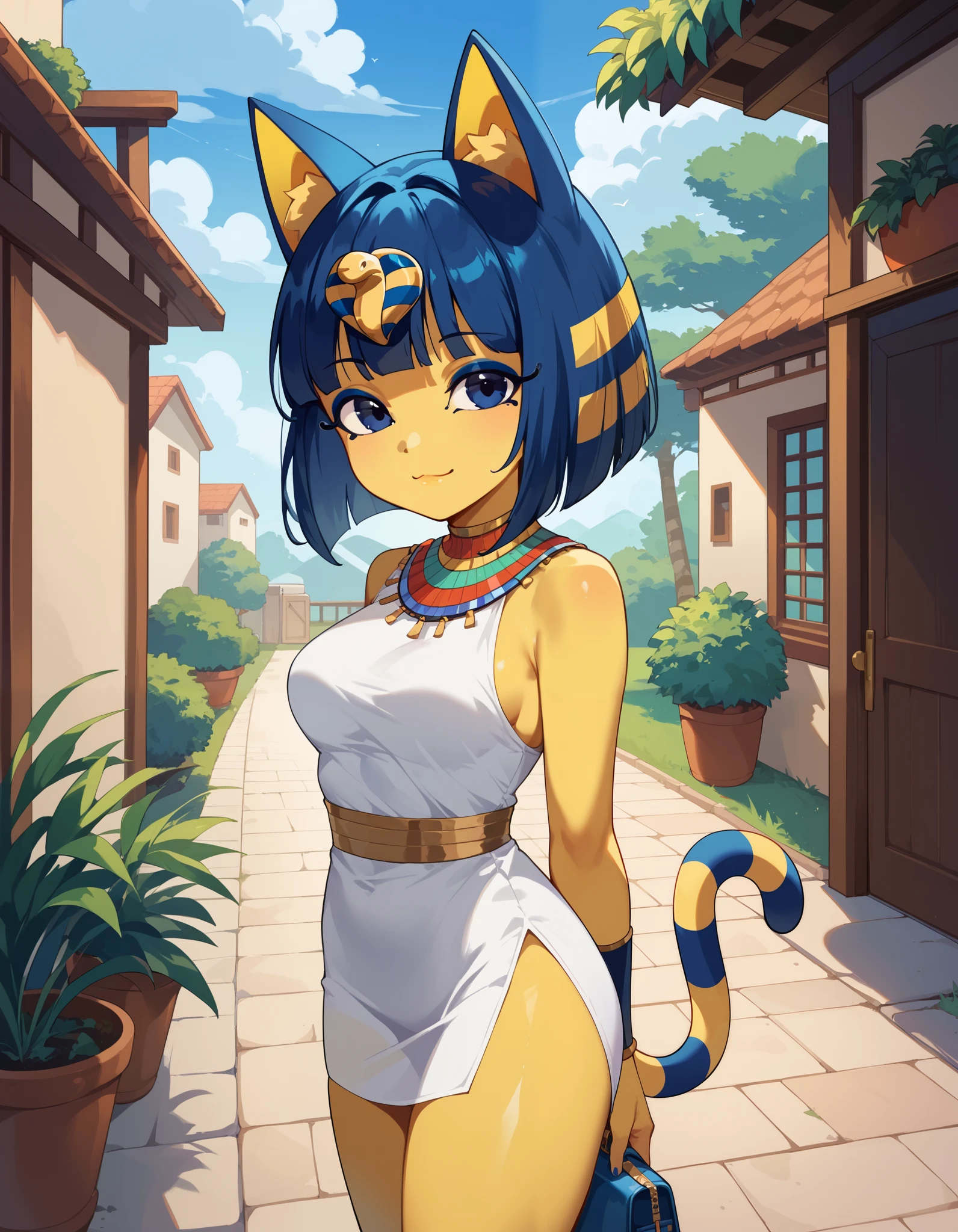 score_9, score_8_up, score_7_up, source_anime, rating_safe, best quality, masterpiece,  
BREAK
ankha (animal crossing), 1girl, ;3, animal ears, standing, looking at viewer, blue eyes, blue hair, cat ears, cat tail, closed mouth, colored skin, female focus, looking at viewer, outdoors, short hair, medium breasts, smile, solo, standing, tail, thighs, yellow skin, white dress, female focus, outdoors
