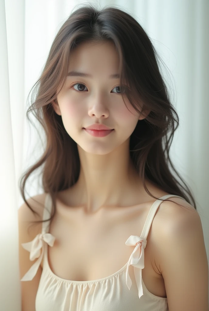 High resolution、、no makeup、long neck、８ｋ、Close-up image of a face、high nose、long jaw、narrow eyes、white skin、intellectual beauty、clear eyes、transparent skin、daily life、smile、real photos、thin lips、National beautiful girl、shortcut、