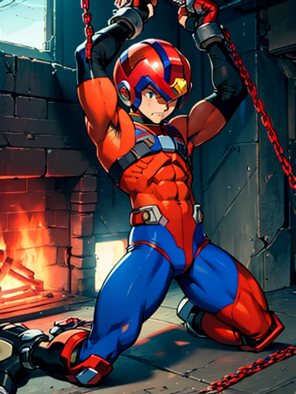 Axl(Mega Man X)　Axl　Boy in Tights 　 helmet 　Kneeling　 realistic skin　全身Boy in Tights 　 raises arms　Boy in spats 　 is chained　 are in estrus