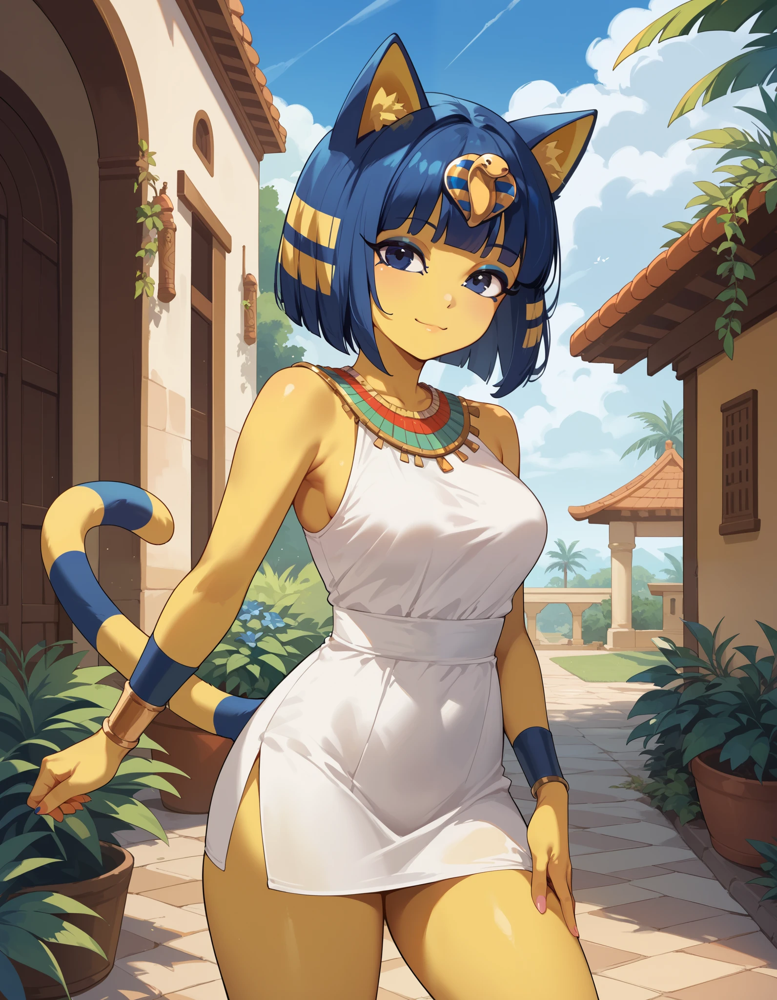 score_9, score_8_up, score_7_up, source_anime, rating_safe, best quality, masterpiece,  
BREAK
ankha (animal crossing), 1girl, ;3, animal ears, standing, looking at viewer, blue eyes, blue hair, cat ears, cat tail, closed mouth, colored skin, female focus, looking at viewer, outdoors, short hair, medium breasts, smile, solo, standing, tail, thighs, yellow skin, white dress, female focus, outdoors
