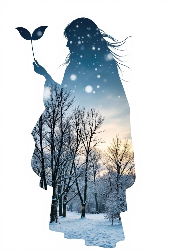 high quality, 8K Ultra HD, A beautiful double exposure that combines an goddess silhouette, there's a serene winter scene depicted. This scene features a group of barren trees standing tall against a gradient blue sky there's a serene with sunset too, sunset should serve as the underlying backdrop, transitioning from a deep blue at the top to a lighter shade at the horizon. Snowflakes are scattered throughout the sky, giving the impression of a light snowfall. The leaf itself is cut out, with its details incorporated into the goddess , crisp lines, The background revealing a white paper beneath it. is monochrome, sharp focus, double exposure, by yukisakura, awesome full color, 