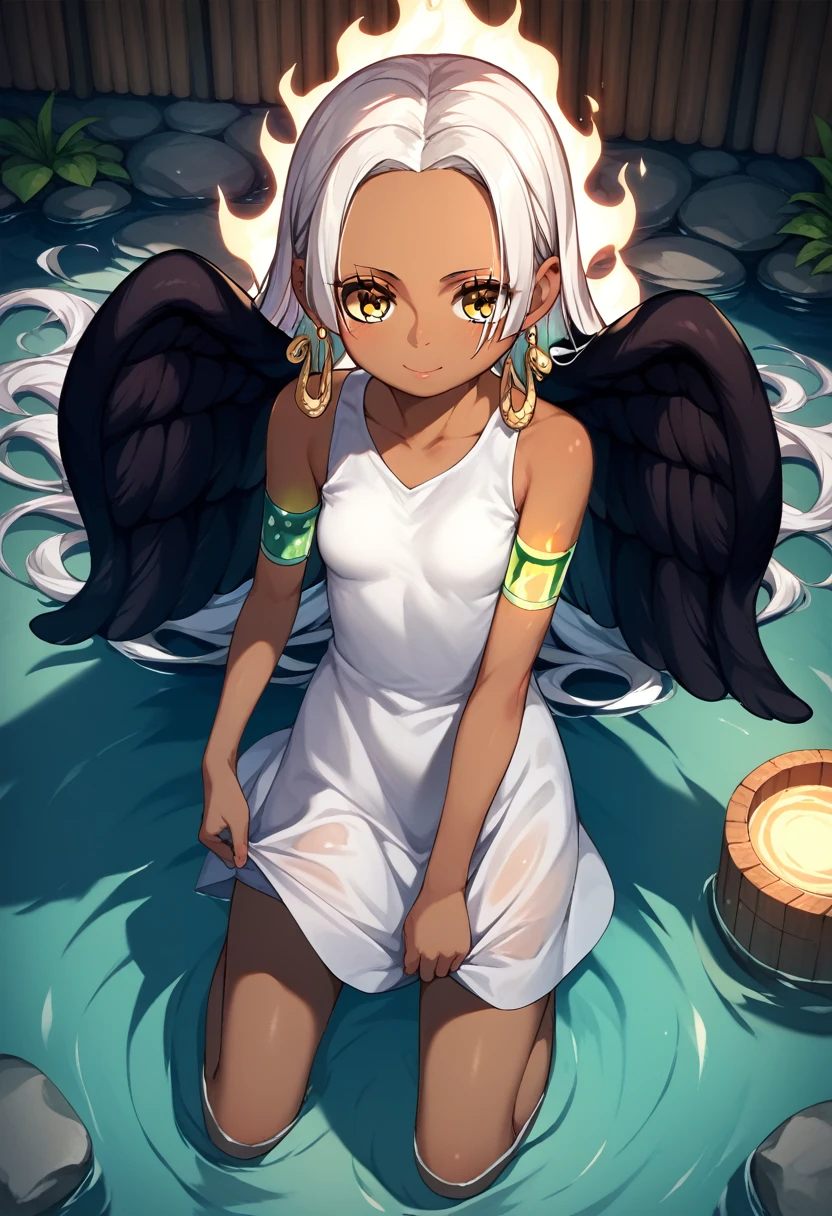 UHD, retina, textured skin, high details, high quality, best quality,  highres icon, 1080P, HD, 16k、1 Girl,Earthsnake , Long Hair, white hair, Brown Skin、,  earrings for a woman alone, Yellow Eyes, symbol-shaped pupils,  black wings  ,  small breasts.  sundress,  white dress,  sleeveless, armlet、 cute、Flames on the back、flat chest、full body、hot spring、Emphasize the cleavage、Grieving