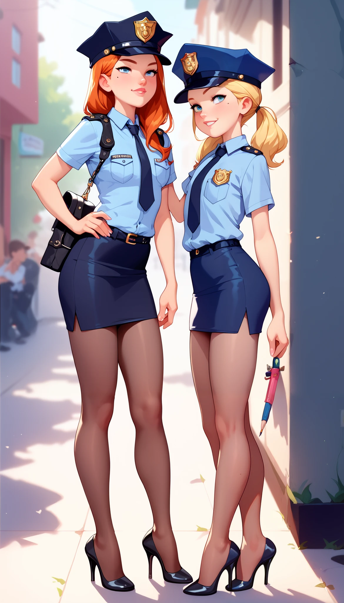 NSFW, masterpiece, Highest quality, High resolution, Very detailed, Young face, mole, Short height, Police Officer, hat, mini skirt, Pencil Skirt, pantyhose, Heels, flirt and seduce, breathtaking, 