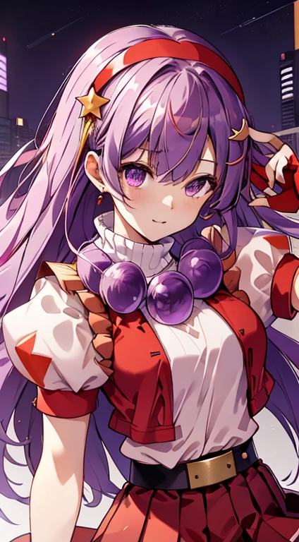 （masterpiece，top-quality，Best Quality， OFFICIAL ART，Aesthetics and aesthetics：1.2），（ 1 girl：1.3），（ Fractal Art：1.3），
solo， Athena 97，（ clevis：1.3）（ off-the-shoulder clothing：1.3）
 purple eyes，Purple Hair，Long white hair，Red Hairband， White High Neck Sweater ，White puffed sleeves，  Red Pleated Skirt ，Yellow Belt，purple spherical necklace， red fingerless gloves ， Red Open Vest ，
 STAR HAIR ACCESSORIES，耳Nipple Ring，Middle Braid ，Short sleeve，Lie down， crosses legs， urban backdrop，Street Tokyo