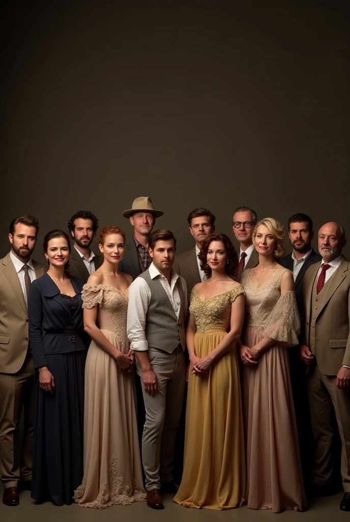 there are a group of people standing together in a photo, a portrait by Carol Sutton, cg society contest winner, baroque, all cast members, full cast, actors, cast, set photo in costume, tv still, from left, slide show, portrait shot, actor, publicity photo, group photo, end of an era, full scene shot