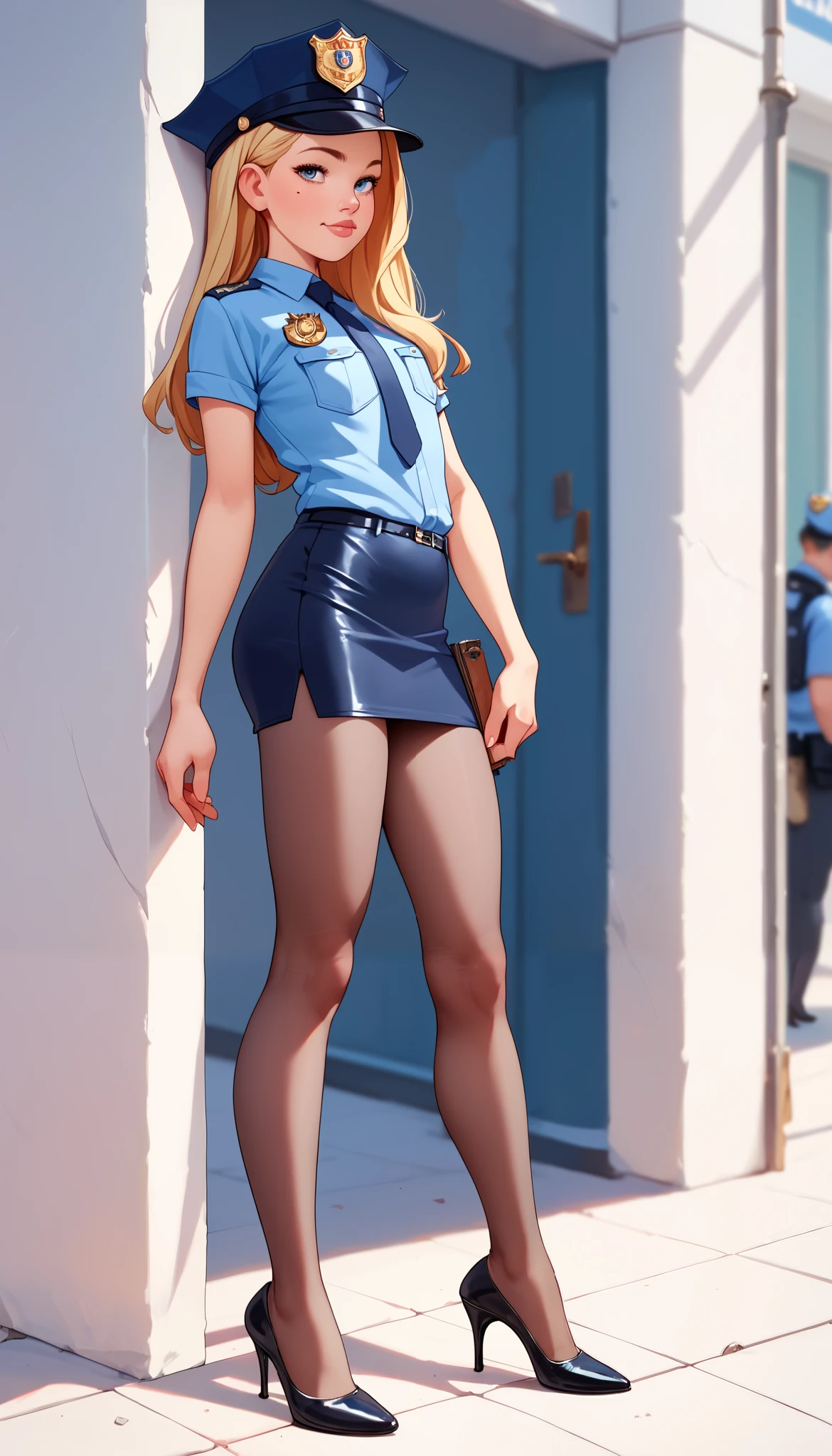 NSFW, masterpiece, Highest quality, High resolution, Very detailed, Young face, mole, Short height, Police Officer, hat, mini skirt, Pencil Skirt, pantyhose, Heels, flirt and seduce