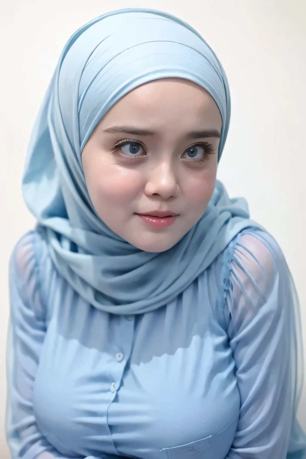 White Background, adorable, 1 girl, happy, half body portrait, ((huge breasts)). wearing transparent transparency soft long shirt, hijab .. Cute posed. proportional body. Ultra High Res. realistic: 1.4, UHD, (floral pattern), view from side seductive pose, (Sad face expression:1.2)