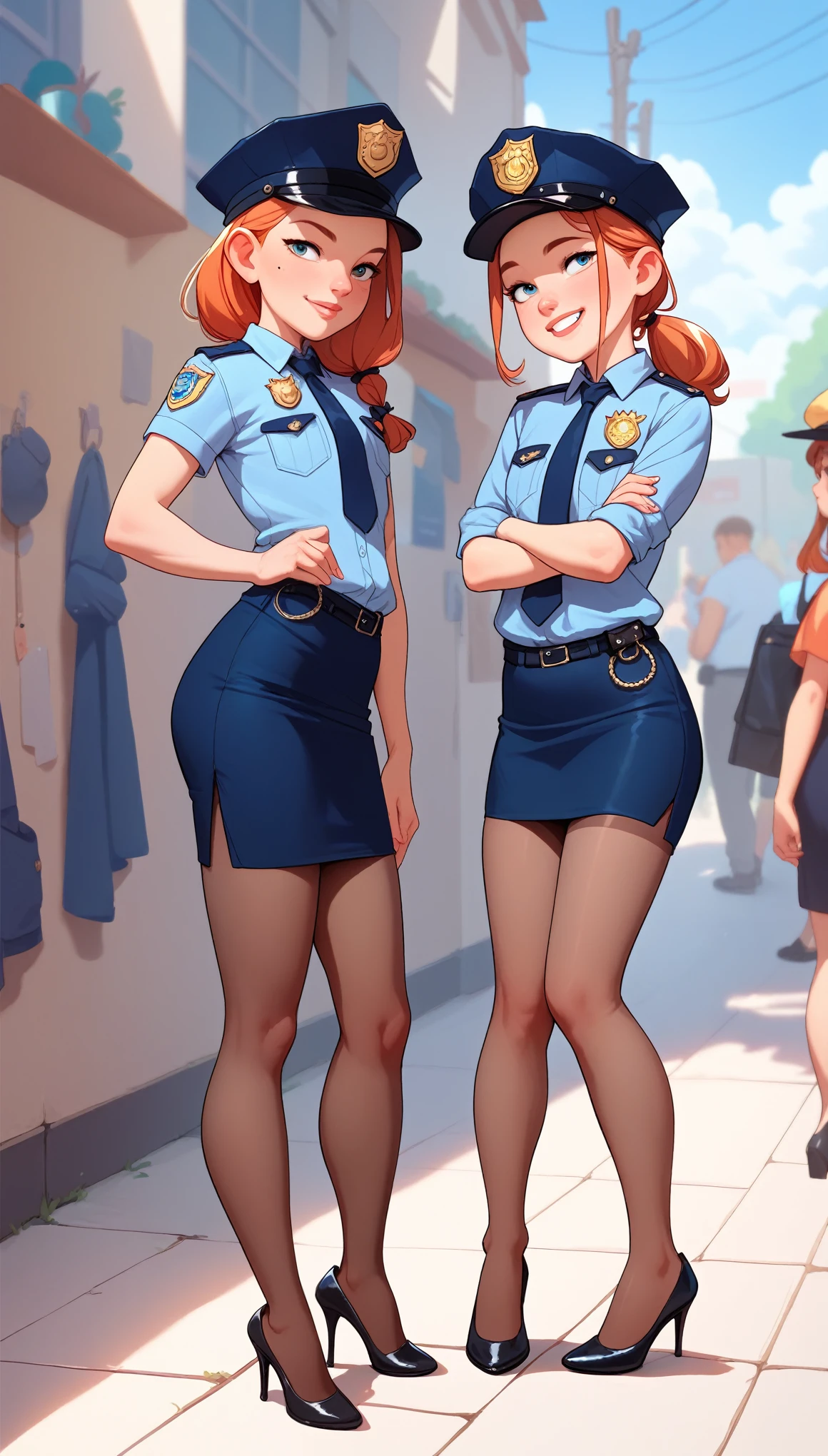 NSFW, masterpiece, Highest quality, High resolution, Very detailed, Young face, mole, Short height, Police Officer, hat, mini skirt, Pencil Skirt, pantyhose, Heels, flirt and seduce