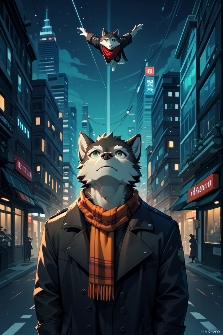 rouon aro,black fur,white fur,GREEN EYES,WOLF,FURRY,ANTHRO,Hash,AIR,scarf,night city,look up,black coat,look up