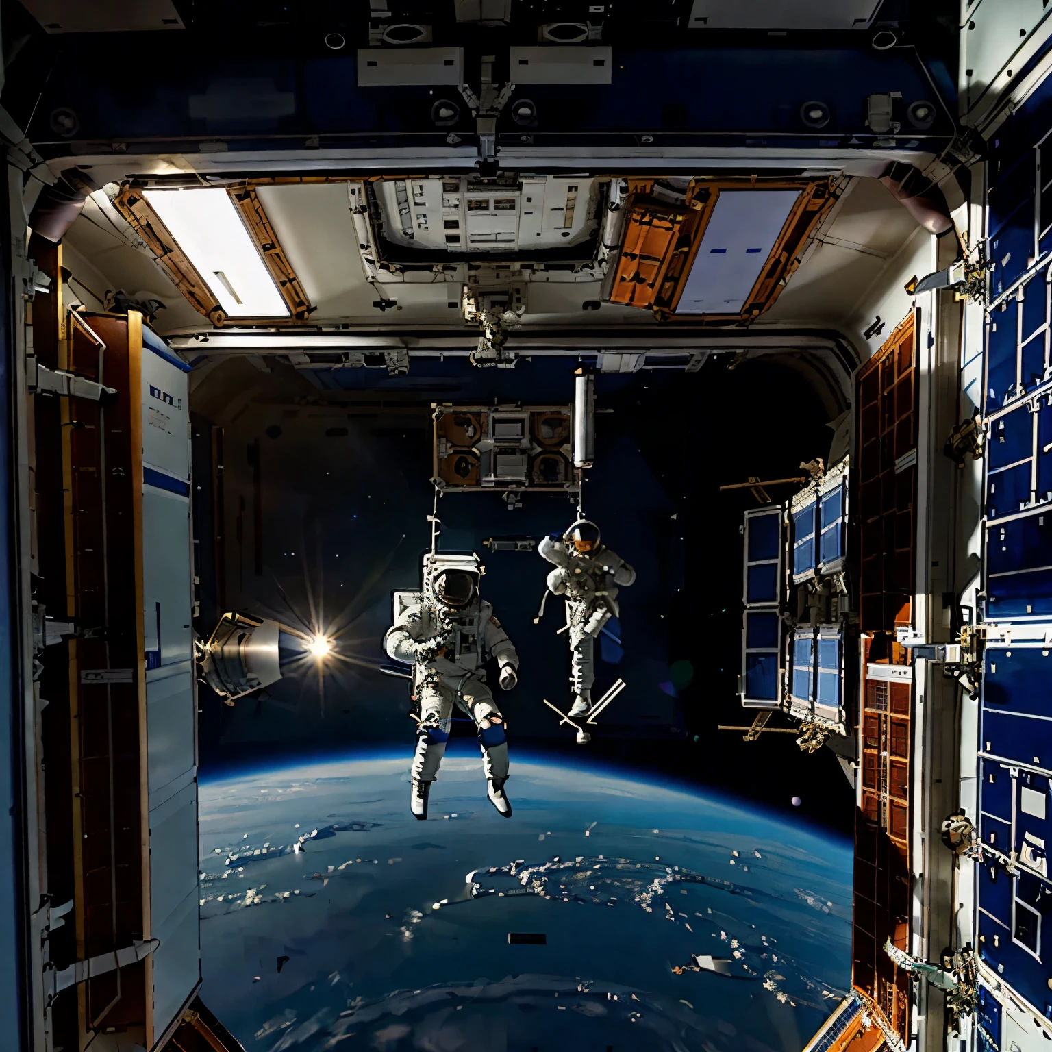 astronauts inside a space station