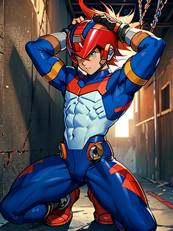 Axl(Mega Man X)　Axl　Boy in Tights 　 helmet 　Kneeling　 realistic skin　全身Boy in Tights 　 raises arms　Boy in spats 　 is chained　 are in estrus