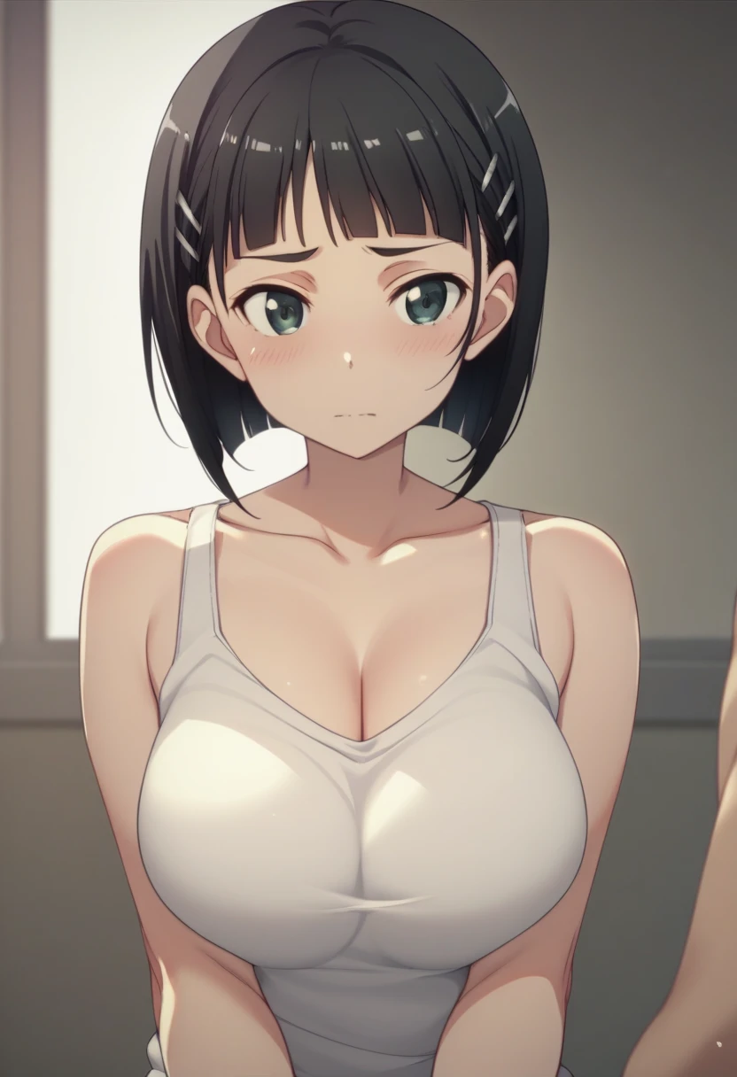 Best Quality、masterpiece、 girl１people、 short hair、Black Hair、Big Breasts、Re-suguha 、Kirihara Naoha 、 perfect body 、tank top black、Bloomers、White Bra、gym、Warm-up exercises