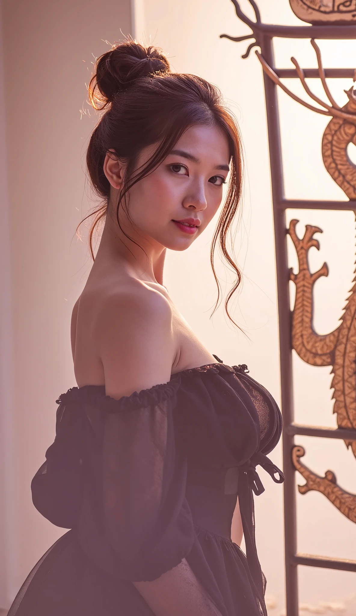 sexy Korean model woman ,  slim healthy body, long brown hair in large curls ,  wearing a See-through long dress with black puff sleeves {x},  standing next to a black vintage chair, in the background looking directly at the camera ,  wearing a golden dragon wall , Realistic,  (beautiful huge and ample breasts:1.5) and a huge waist