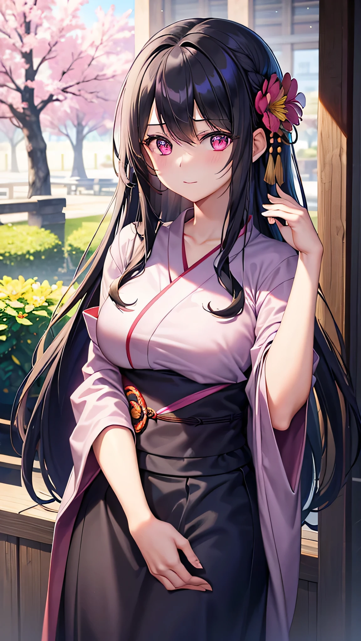 Browsing Caution　topless　Completely naked　Nezukokamado, Nezuko Kamado, Black Hair, (amount:1.5), Hair Ribbon, Long Hair, Multicolored Hair, (Pink Eyes:1.5), Orange Hair, Elongated pupils, Wavy Hair, Two-tone hair, break asa no ha (pattern), checkered sash, Haori, kimono, kimono, Long sleeve, heart, pink kimono, sash, wariza, Wide sleeves, break looking at viewer, break indoors, break (masterpiece:1.2), Highest quality, High resolution, unity 8k wallpaper, (shape:0.8), (Beautiful attention to detail:1.6), Highly detailed face, Perfect lighting, Extremely detailed CG, (Perfect hands, Perfect Anatomy),