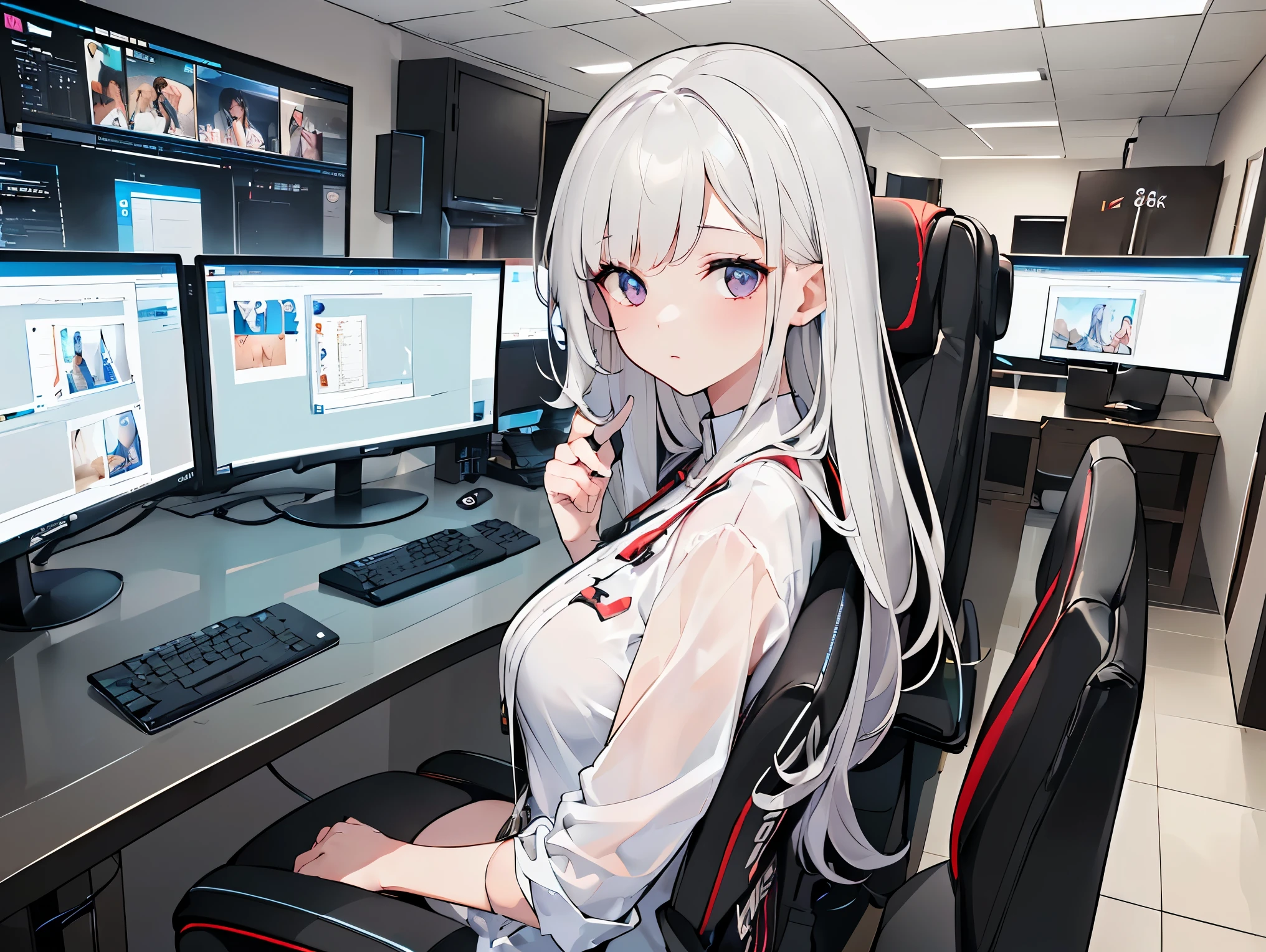 (((Best quality, 8k, Masterpiece: 1.3)), ((best quality)), ((masterpiece)), (detailed), perfect face, perfect body, (detailed skin:1.3), (intricate details), Stock investment, day trader, dimly lit room, gaming chair, multiple computer monitors, stock price analysis, panic