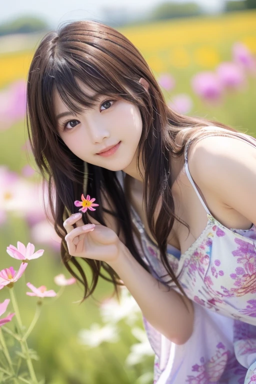  Realistic Photo Quality 、They are in a forward slouching pose in a flower field of cosmos、I'm pinching a cosmos flower with my index finger and thumb、  portrait of a girl in a field of flowers , 60mm Portrait, Young Japanese Model,  wearing a loose dress with a blue chest , cleavage、 looking at the camera、Detailed and beautiful eyes、 cute smile、 soft and gentle expression 