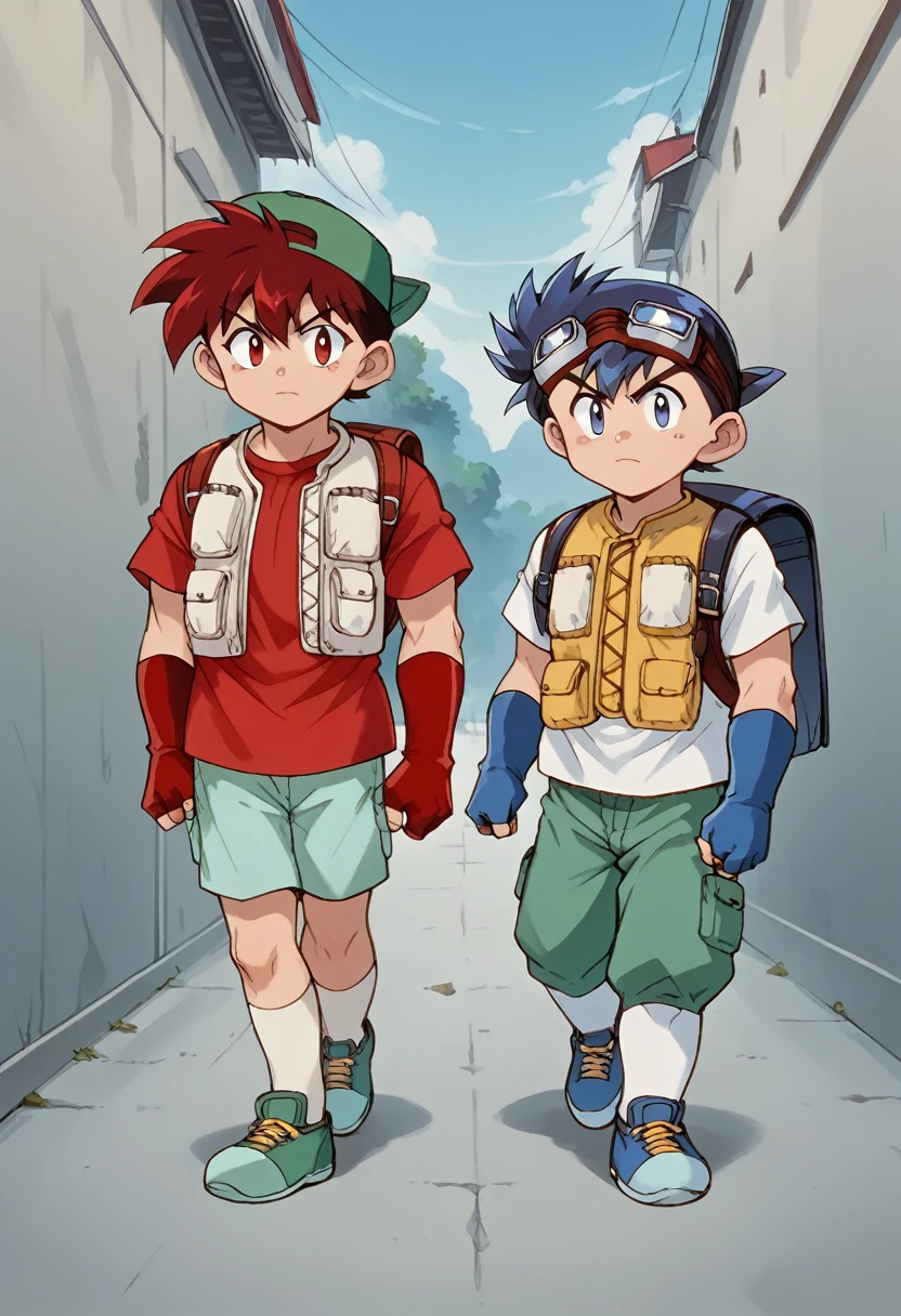  huge muscles,score_9,score_8_up,score_7_up,score_6_up,score_5_up,score_4_up,source_anime,
BREAK
2boys,multiple boys,male focus,,male ,,blue hair,blue eyes,goggles,goggles on head,red hair,red eyes,hat,Baseball cap,
Full shot of SeiBago ,bag,backpack,shorts,male focus,2boys,Baseball cap,hat,goggles,gloves,fingerless gloves,multiple boys,backwards hat,red eyes,walking,blue hair,goggles on head,shirt,green shorts,socks,blue footwear,blue eyes,white socks,shoes,pants,short hair,closed mouth,