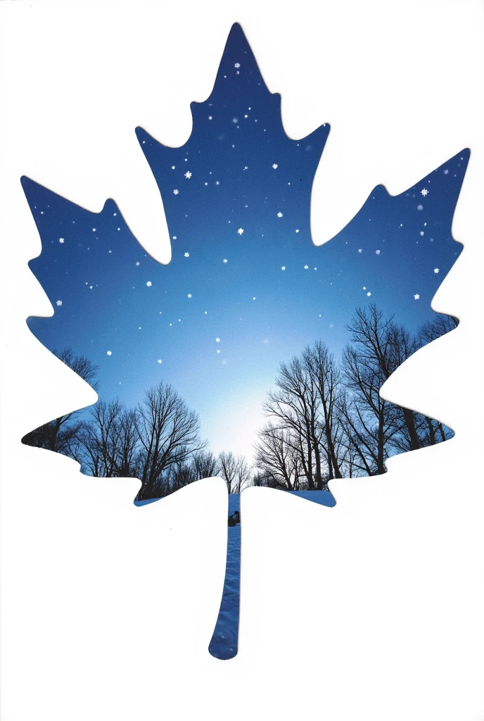 An artistic representation of a blue maple leaf. Within the leaf's silhouette, there's a serene winter scene depicted. This scene features a
group of barren trees standing tall against a gradient blue sky, transitioning from a deep blue at the top to a lighter shade at the horizon. Snowflakes are scattered throughout the sky, giving the impression of a light snowfall. The leaf itself is cut out, revealing a white paper beneath it.