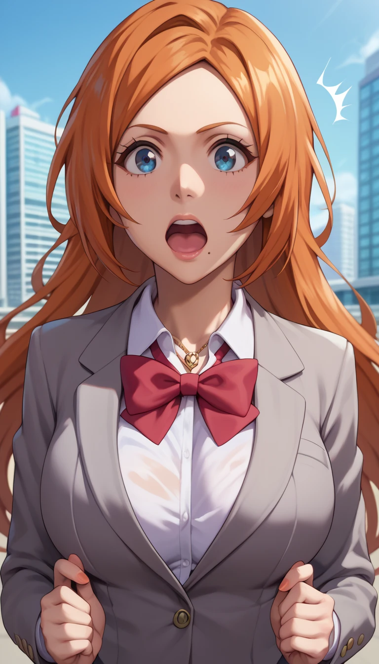 score_9_up, score_8_up, score_7_up,score_6_up, score_5_up, score_4_up, ,1 girls, solo, twoheads, 2heads, conjoined, inoue orihime, long hair, orange hair, brown eyes,
defran, short hair, hair between eyes, orange hair, blue eyes, mole under mouth, necklace, large breasts, school uniform, blazer, grey blazer, shirt, white shirt, collared shirt, bowtie, red bowtie, both head tries to pull the opposite way of the other head, both head going to different direction, surprised, distracted, uncoordinated, full shot, city background